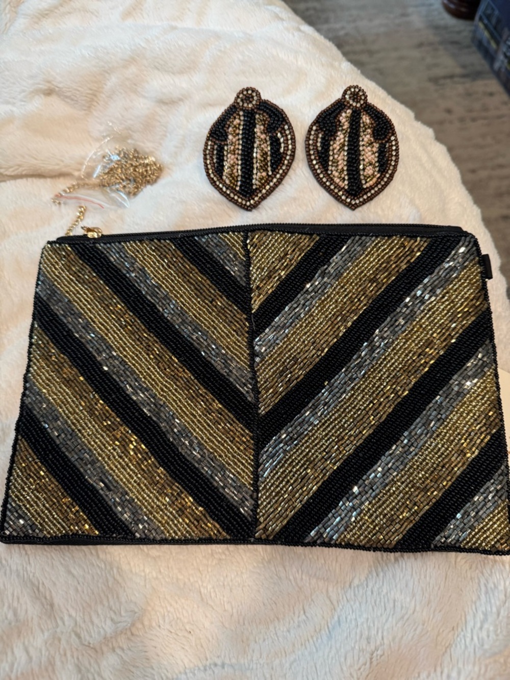 Beaded Black & Gold Chevron Clutch with Matching Earrings